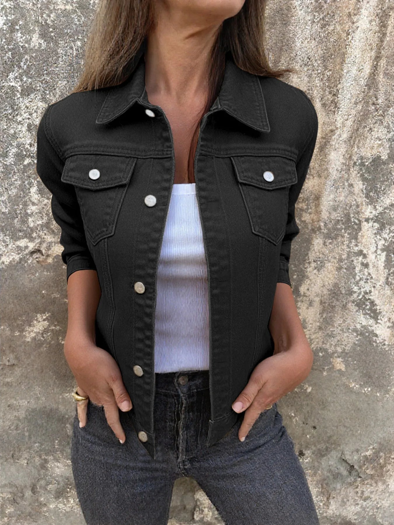 Button Front Closure Denim Jacket Black - Fashorio