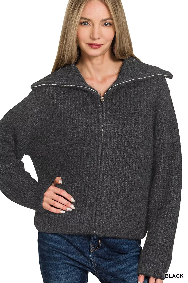 High Neck Full Zip Cardigan in Black