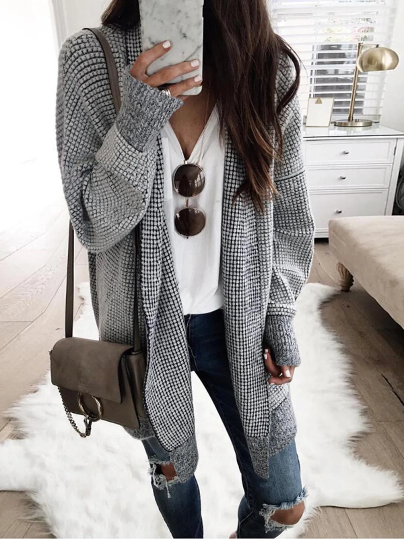 Contrast Plaid Longline Cardigan with Ribbed Trim - Fashorio
