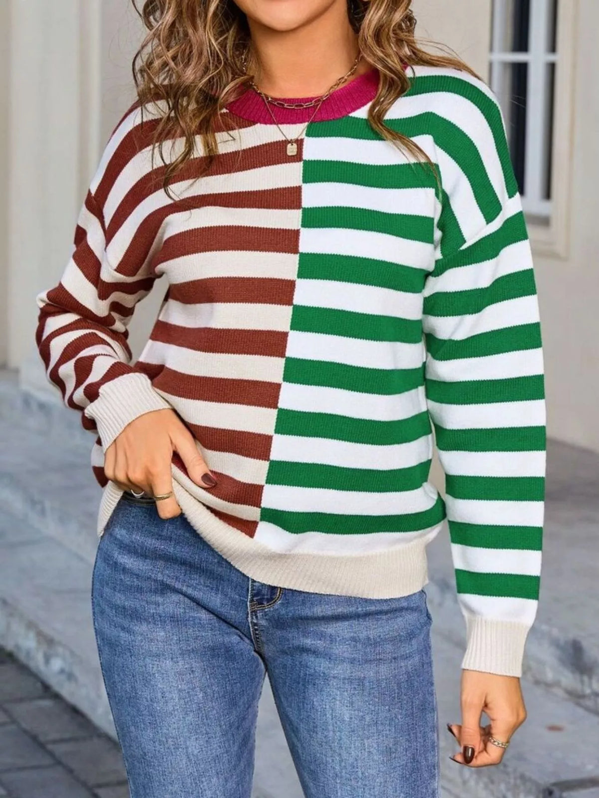 striped round neck sweater layered look