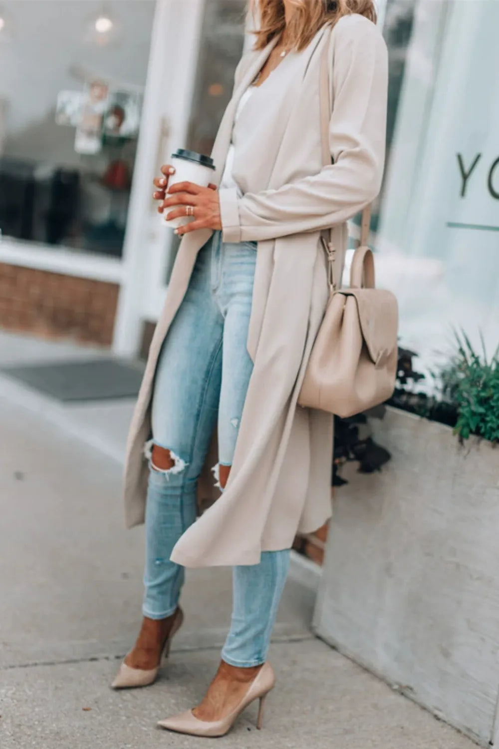 Open Front Long Sleeve Trench Coat - Fashorio