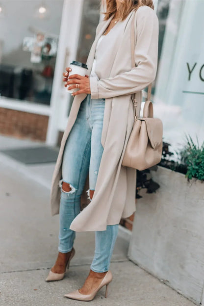 Open Front Long Sleeve Trench Coat - Fashorio