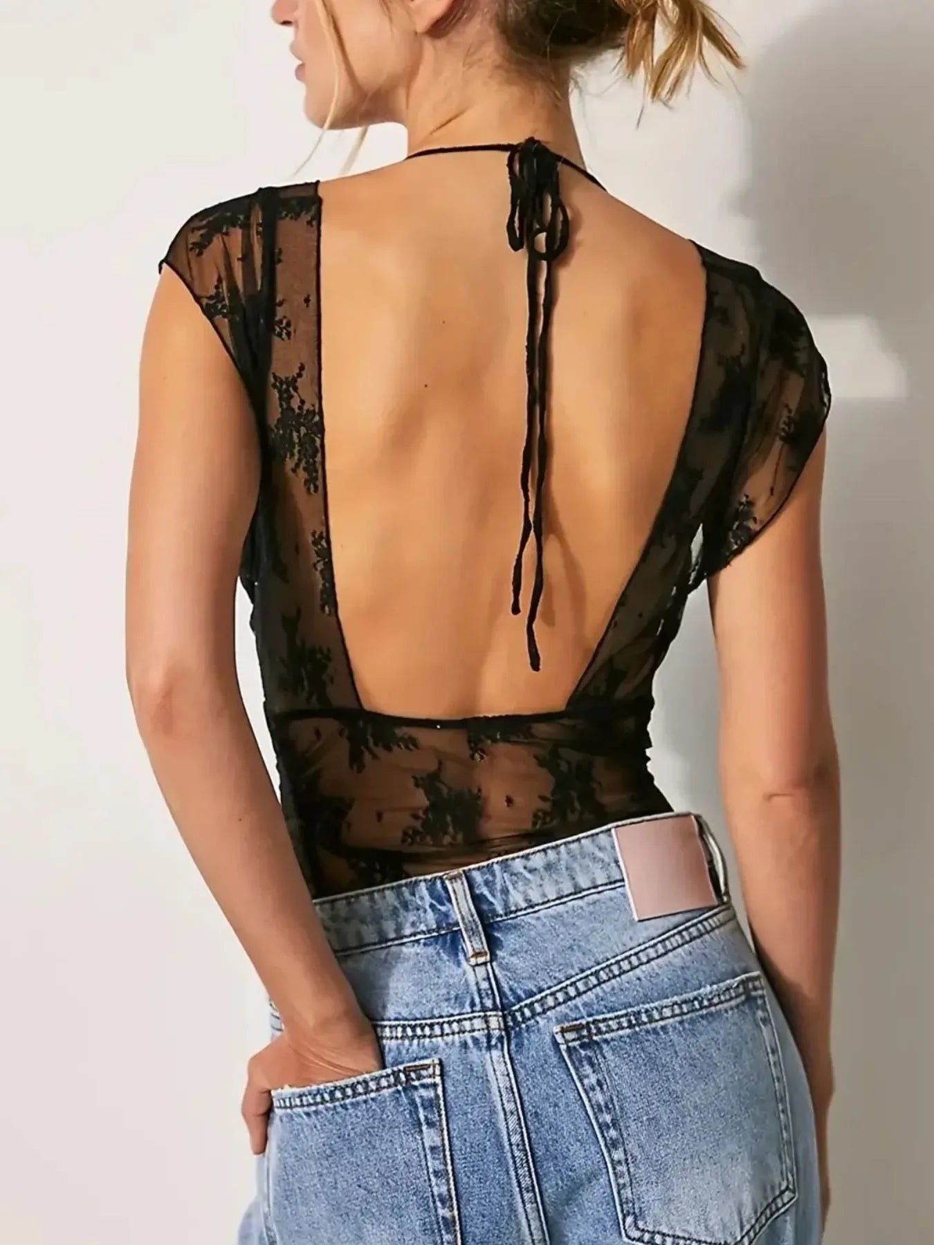 Lace Cap Sleeve Ruched T-Shirt - Fashorio