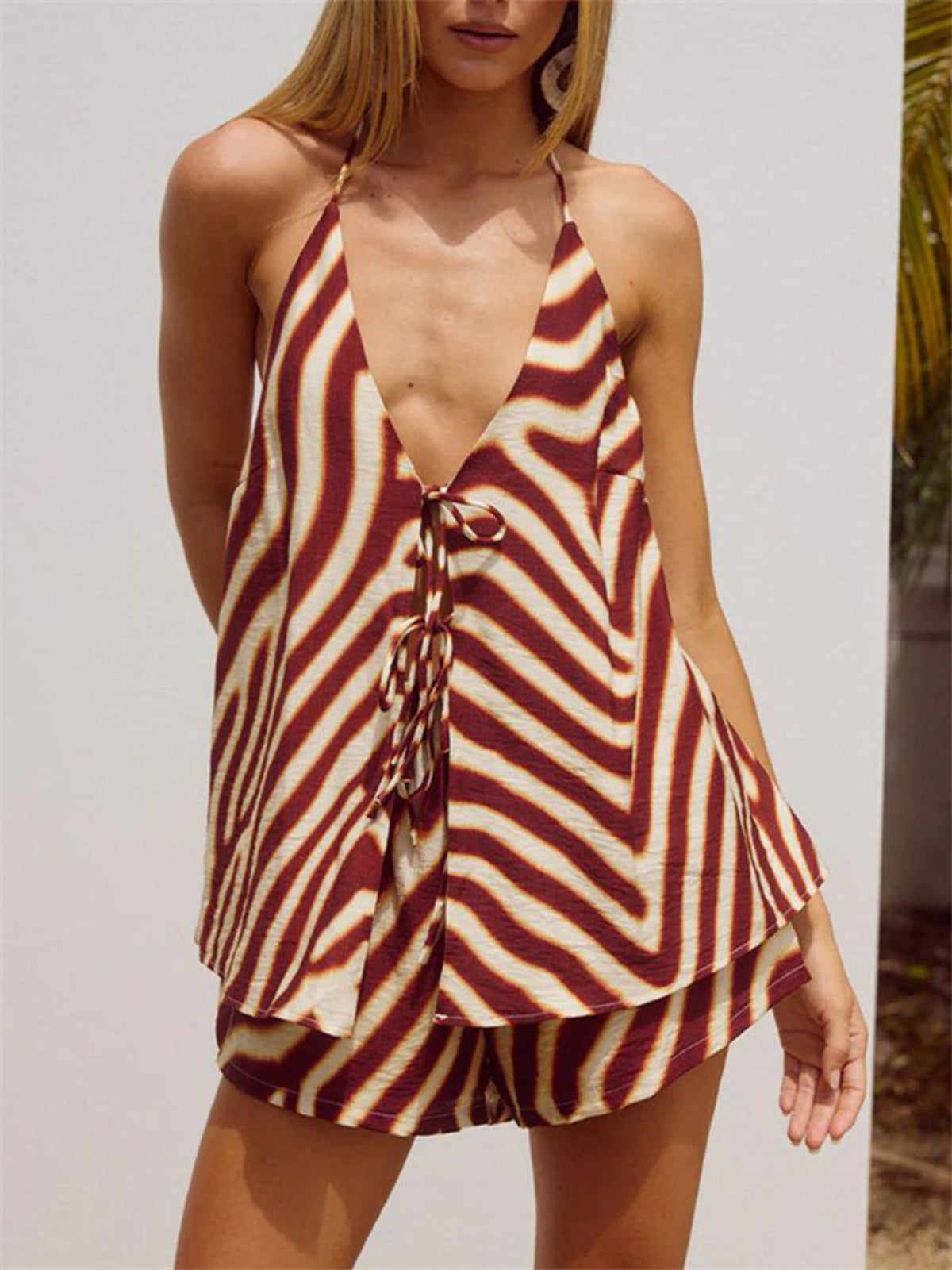 Zebra print halter top and shorts two piece set