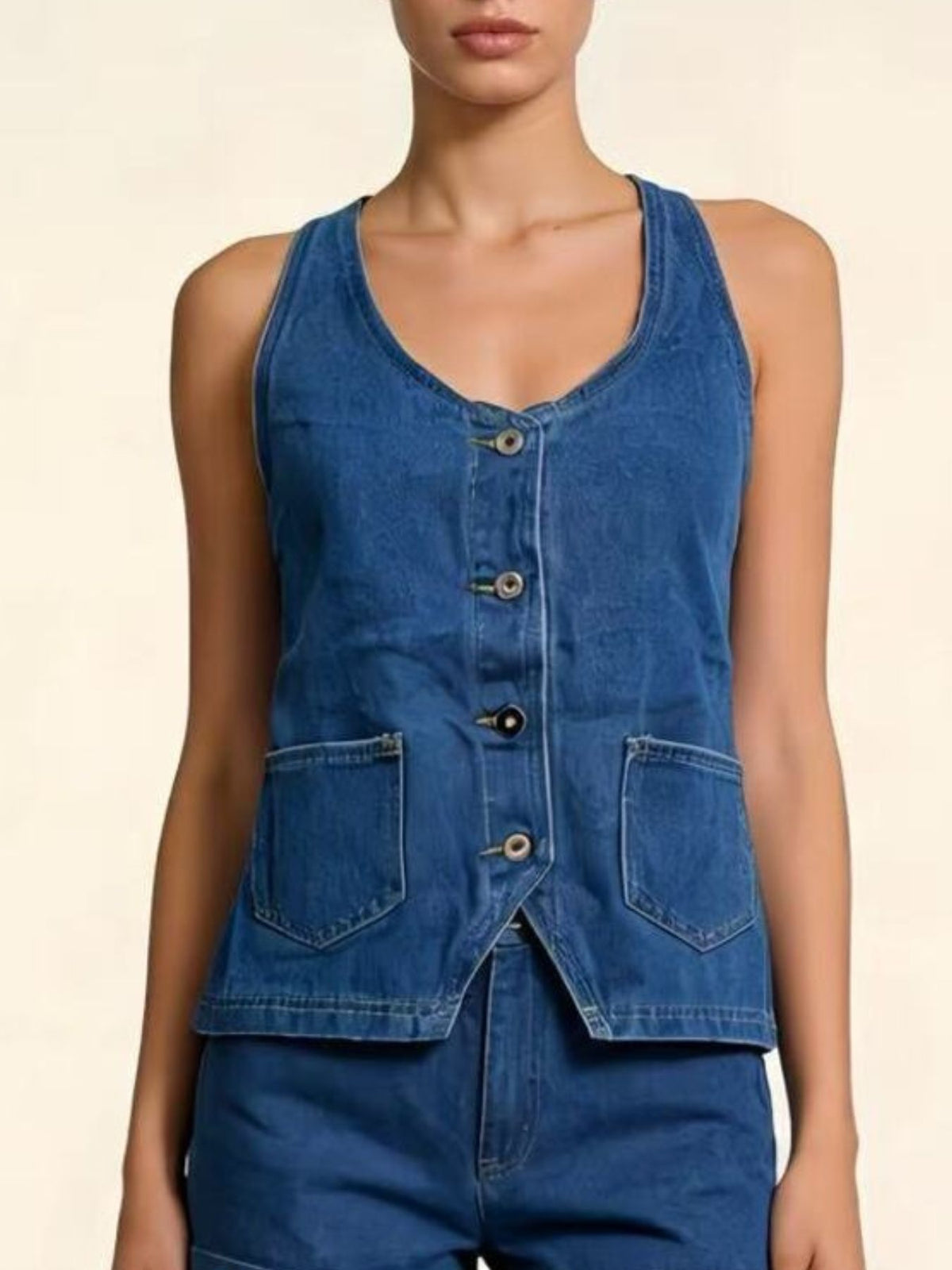 Halter Neck Button Down Denim Vest in Dark Blue on model
