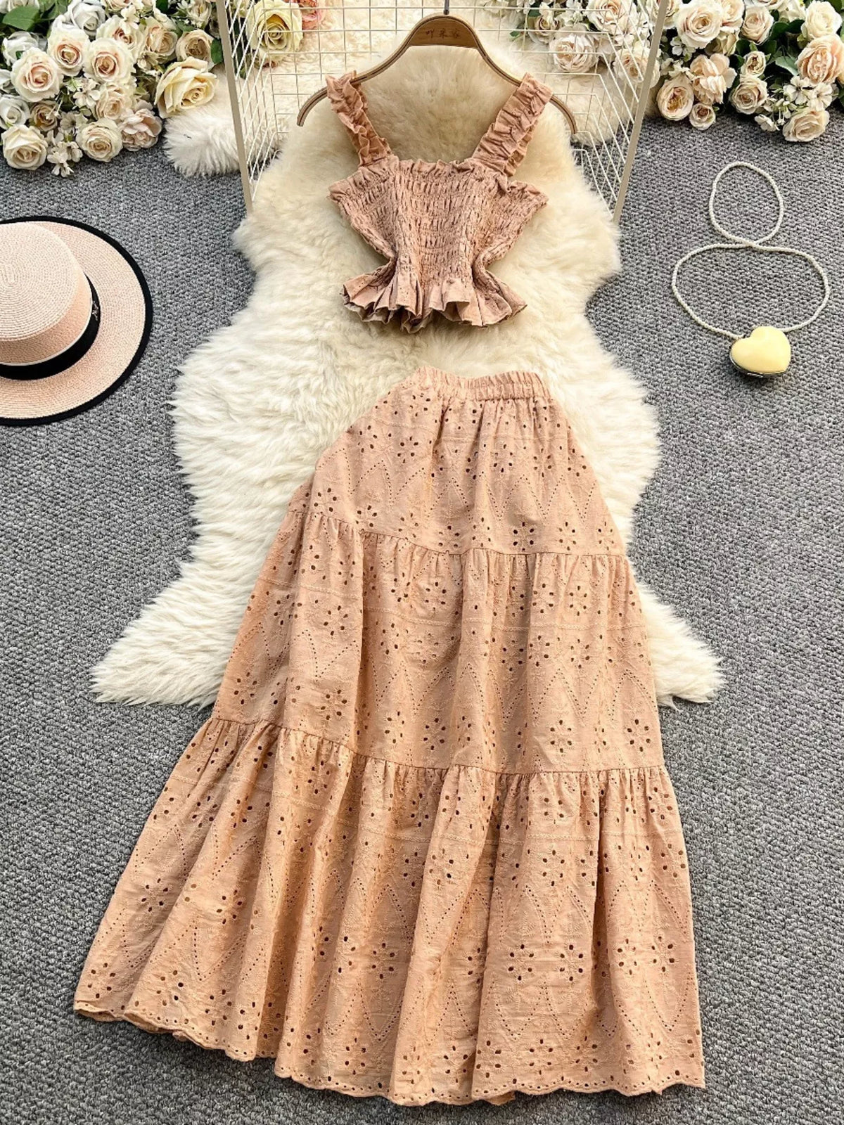 Smocked crop top and skirt complete look