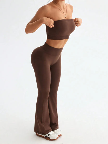 Tube Top and High Waist Flare Pants Active Set - Fashorio