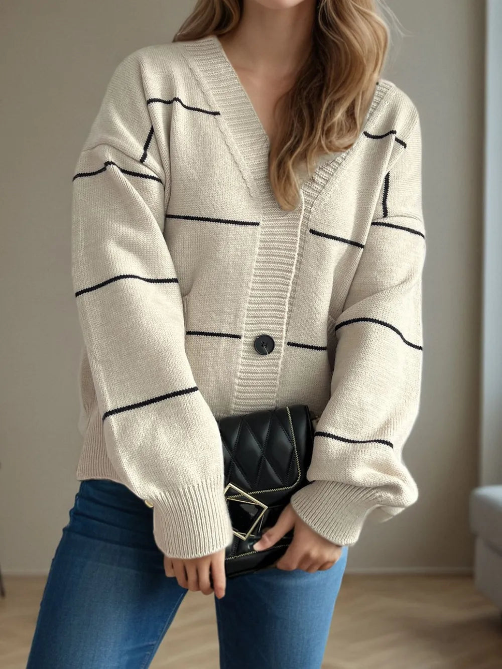 Striped Button Down V-Neck Long Sleeve Cardigan - Fashorio