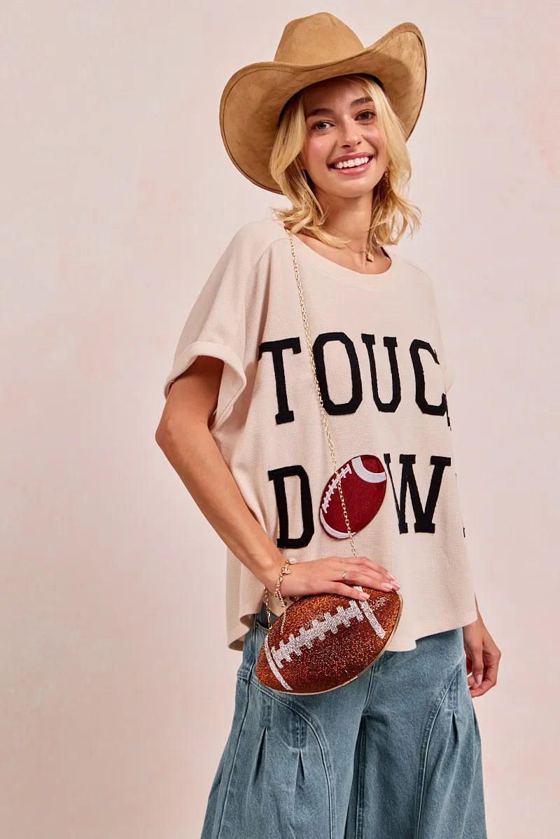 BiBi Game Day Touchdown Letter Patches Waffle Short Top - Fashorio