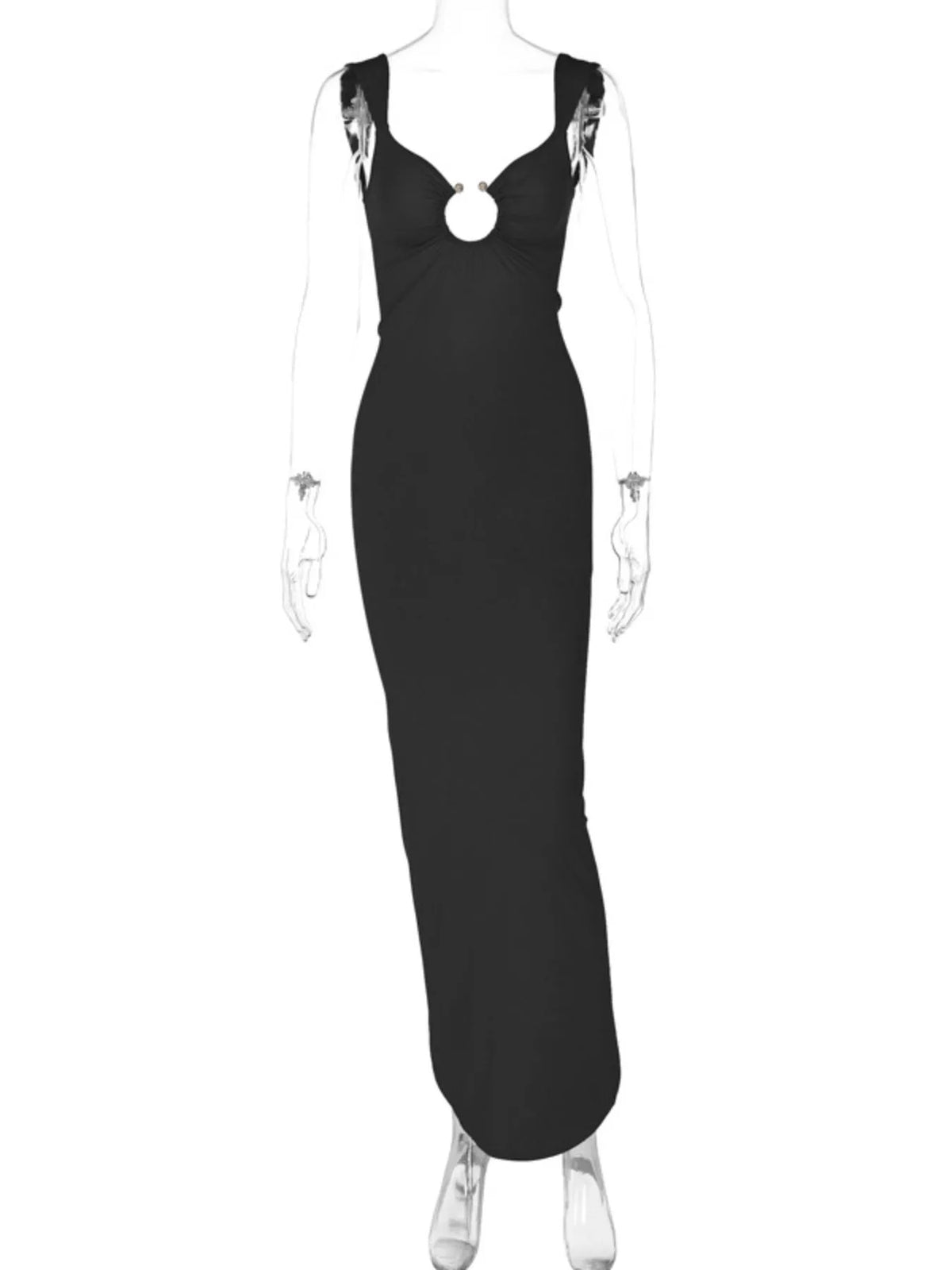 Close up of cutout detail on black maxi dress