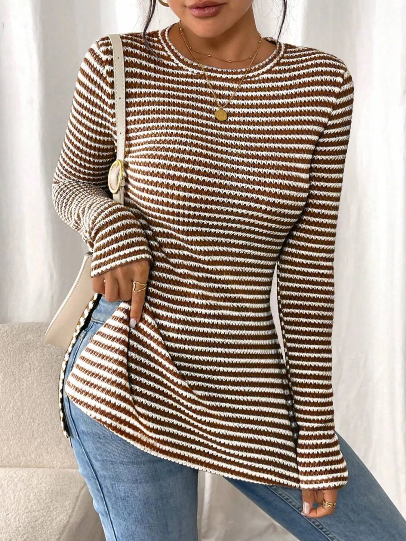 Side Slit Striped Long Sleeve T-Shirt - Fashorio