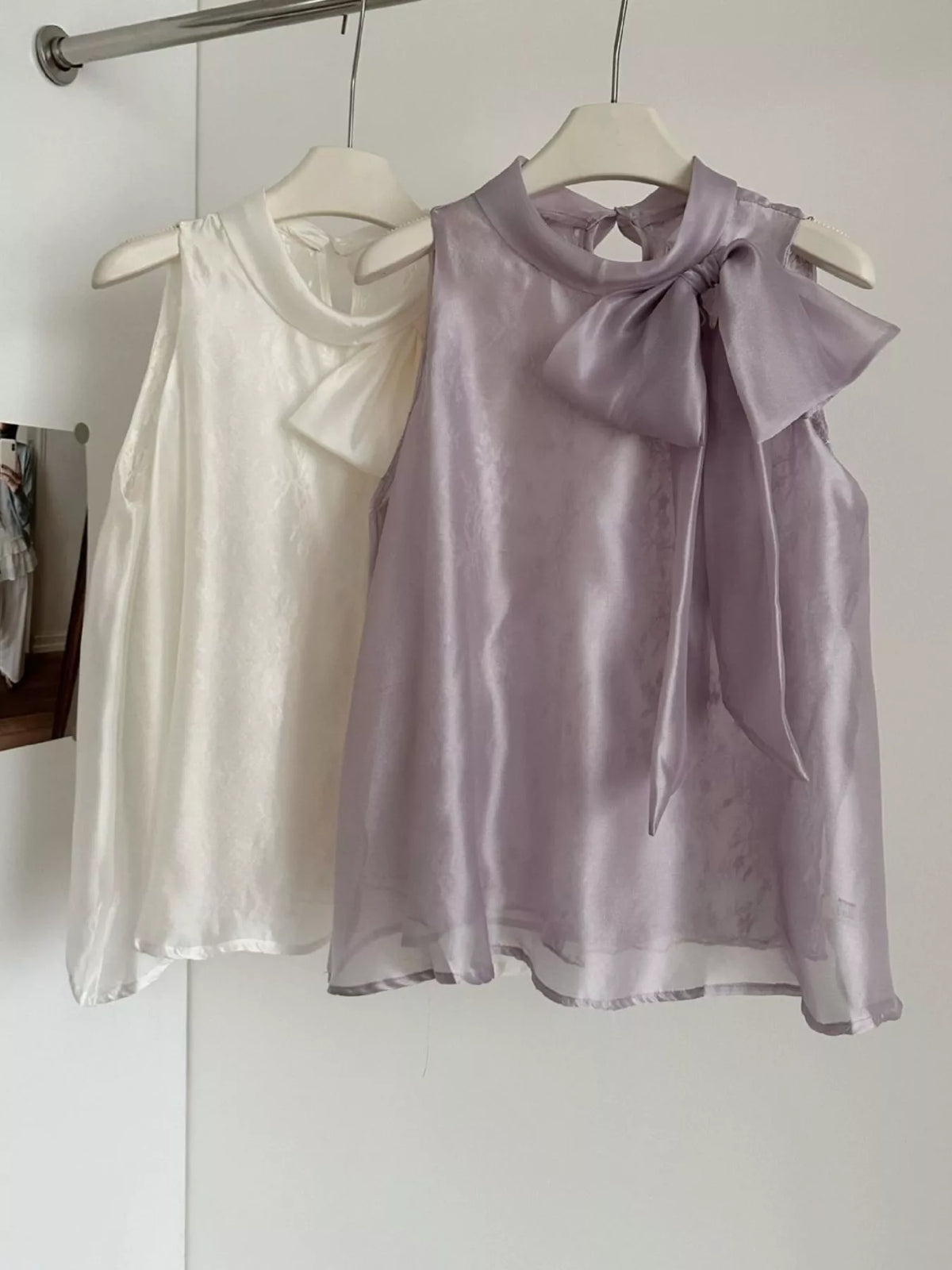 Bow chiffon sleeveless top, on model view