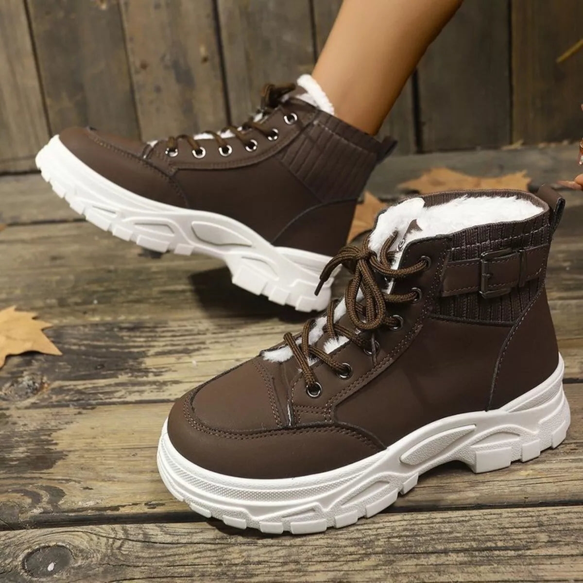 Plush lining lace up boots texture close up