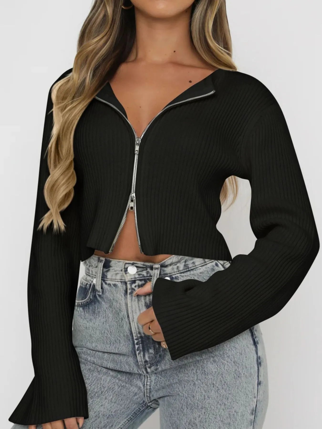 Ribbed Zip-Up Cropped Cardigan - Fashorio