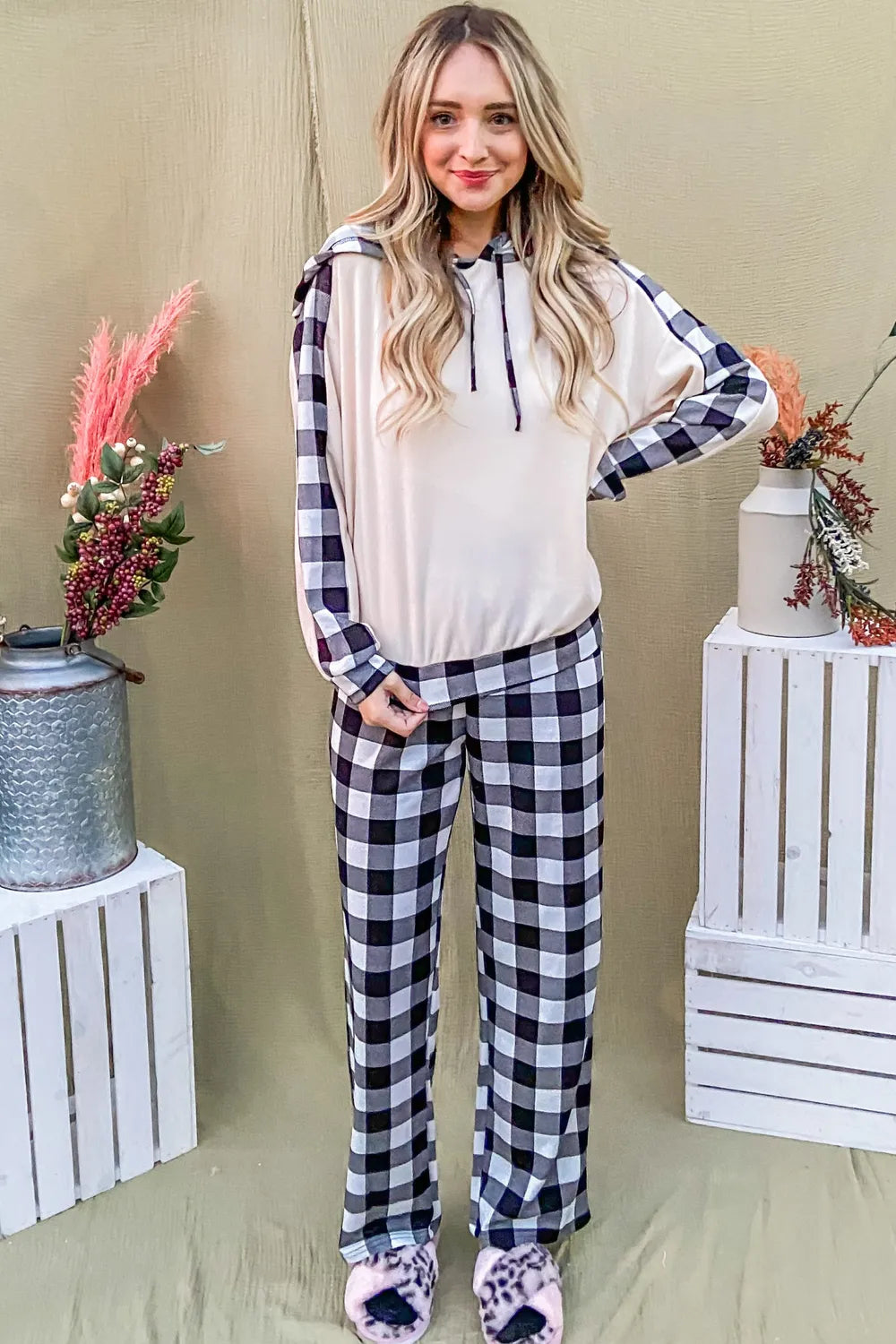 And The Why Drawstring Hooded Top and Plaid Pants Lounge Set - Fashorio