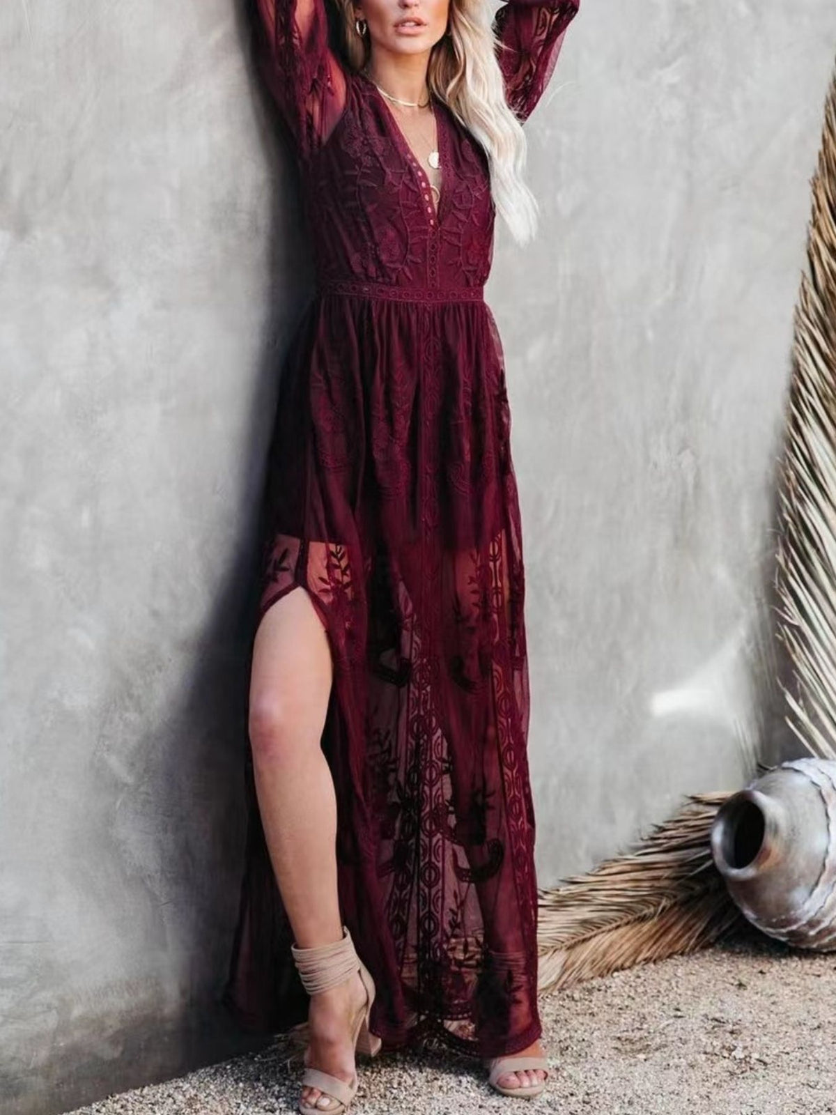 Floral lace slit maxi dress three quarter view