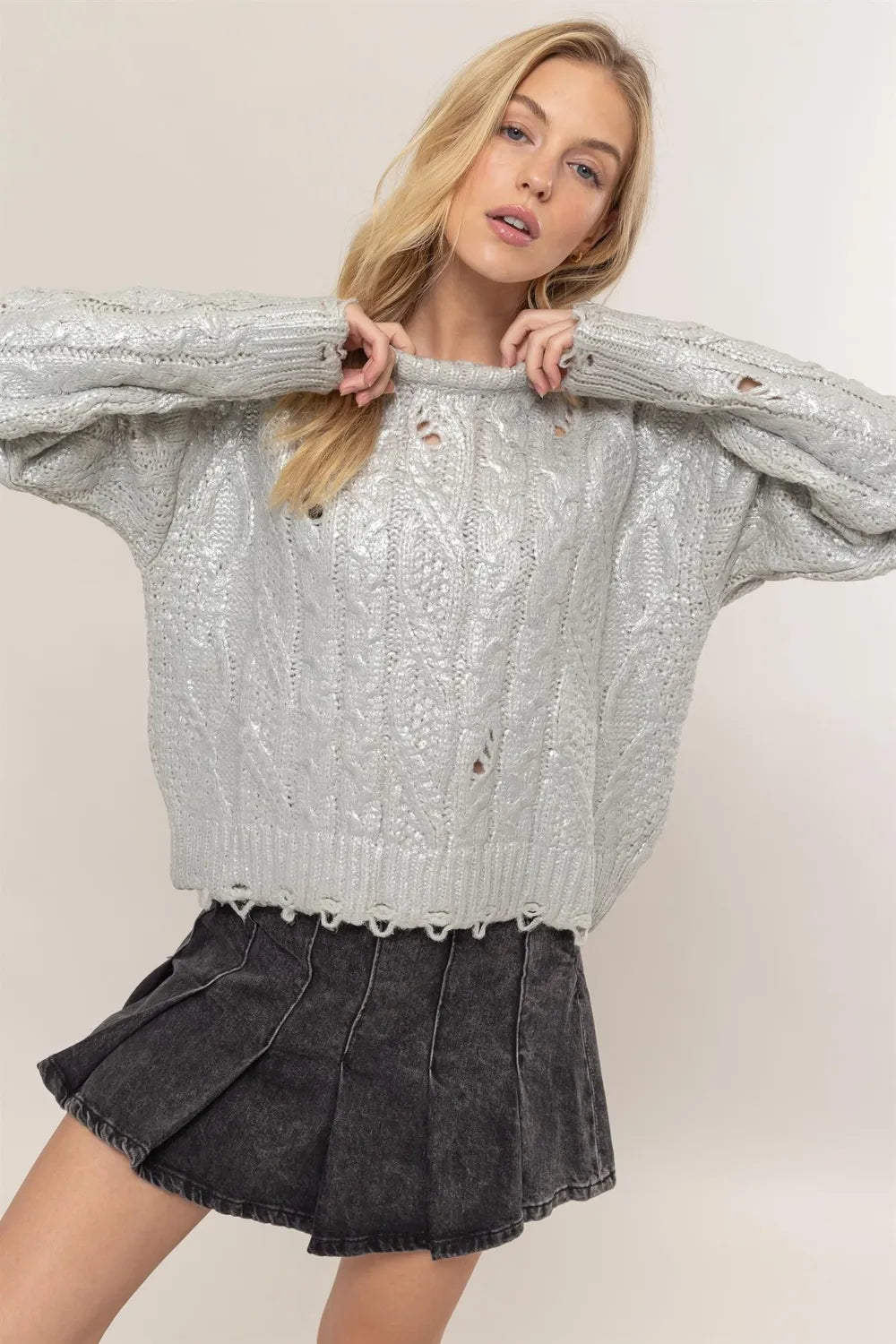 Distressed Cable Knit Round Neck Sweater in Silver