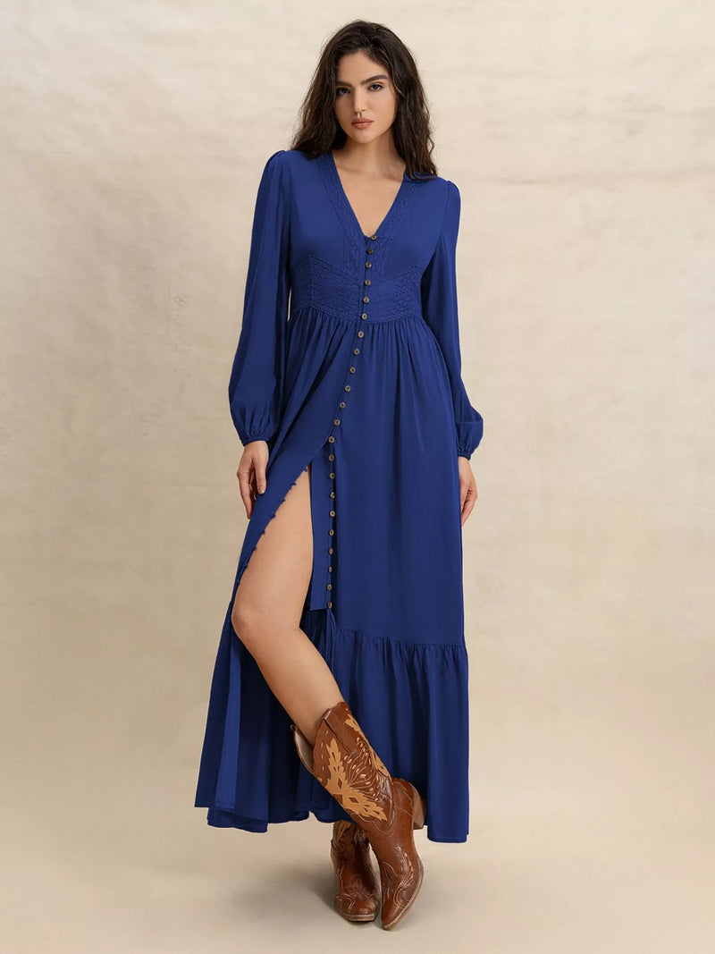 Royal blue slit V neck long sleeve plus size maxi dress front view