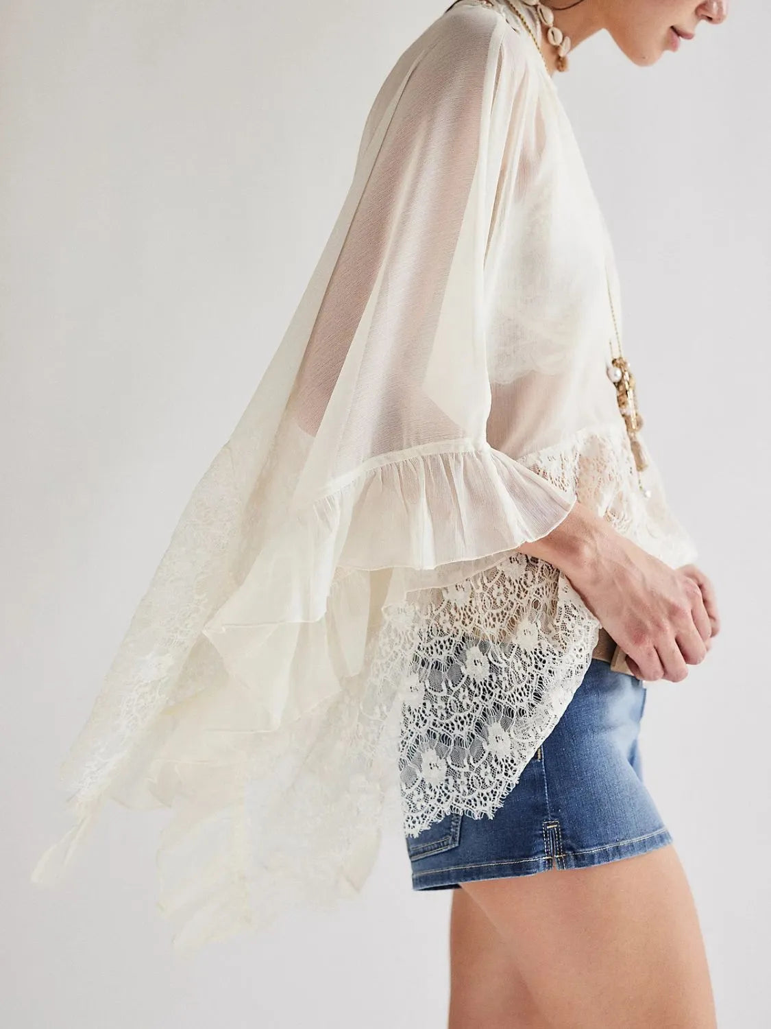 Lace V-Neck Ruffle Long Sleeve Cover-Up - Fashorio