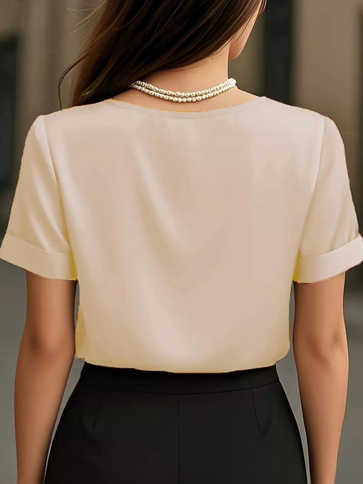 Satin v neck short sleeve blouse detail view