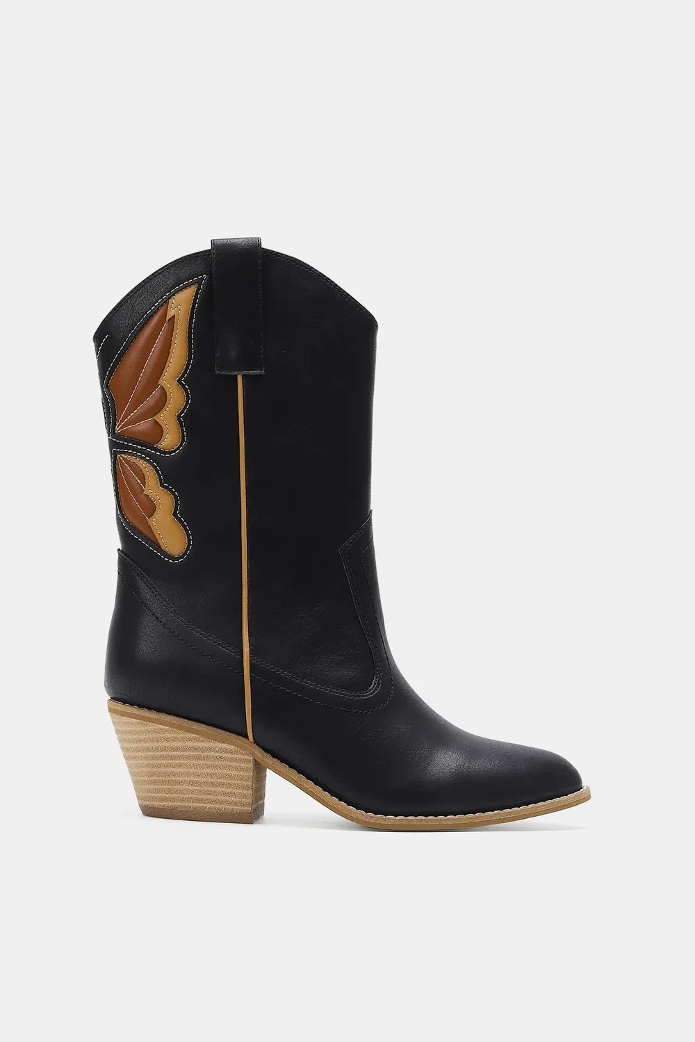 Butterfly cut out point toe boots heel detail