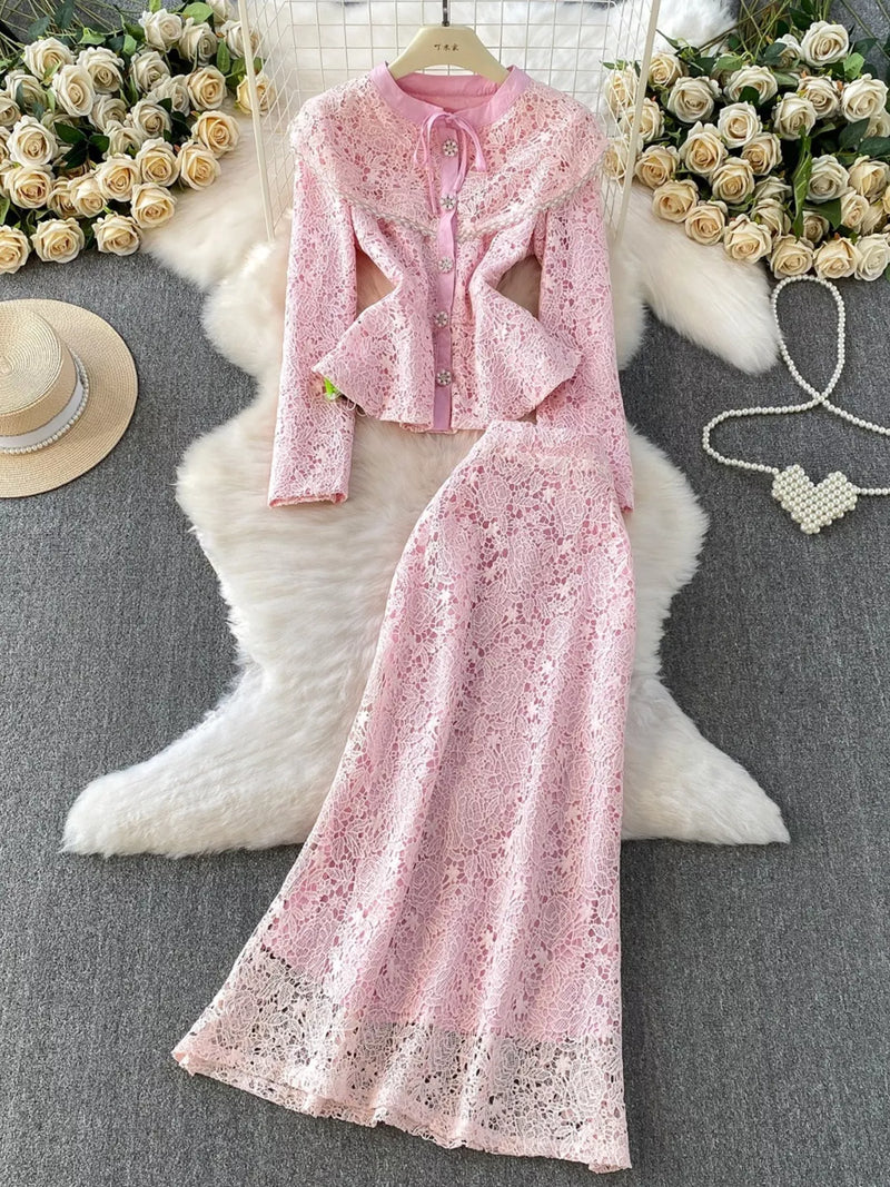 Blush pink lace button up top and skirt set front view