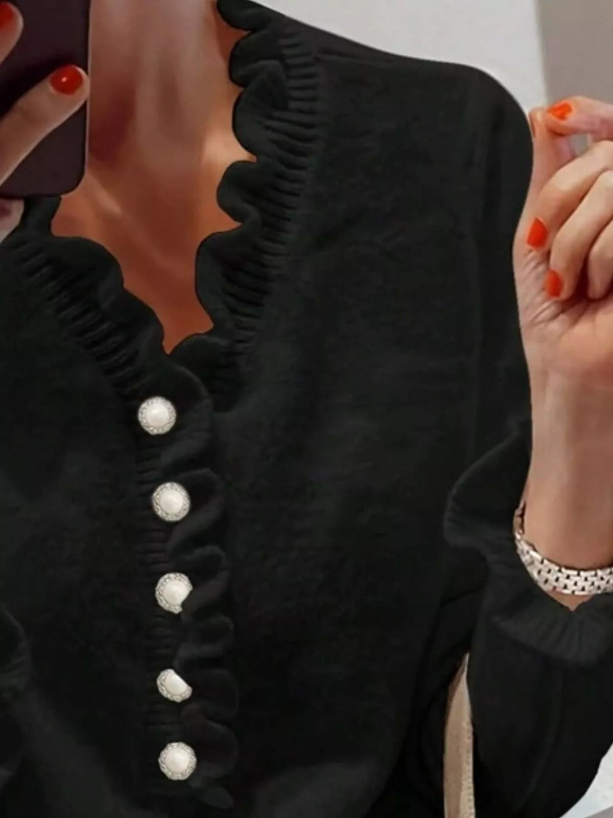 Ruffle Pearl Button Sweater back view