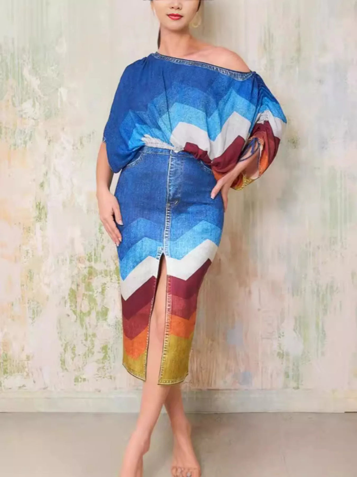Blue one shoulder top and slit skirt two piece set front view