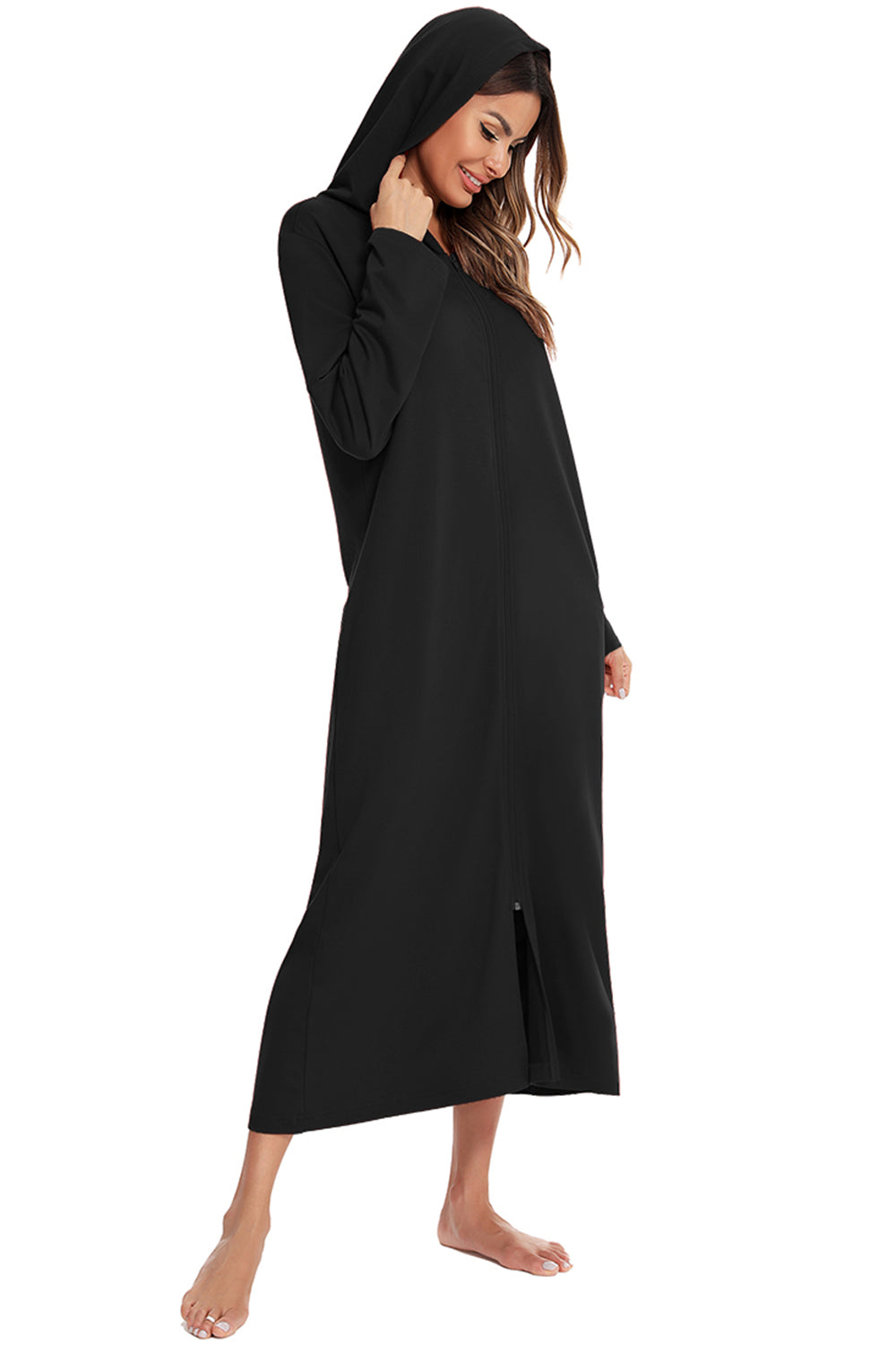 Zip Front Hooded Night Dress with Pockets - Fashorio
