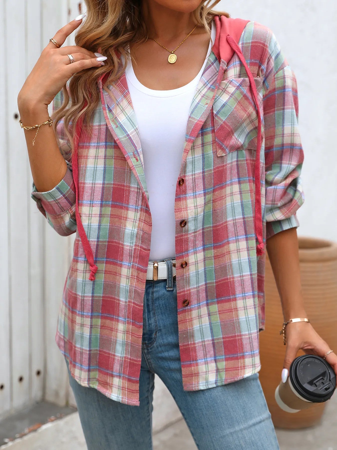 Plaid Button-Up Hooded Shirt - Fashorio