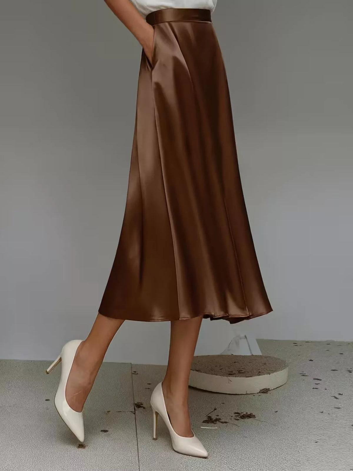 Satin midi skirt close up view