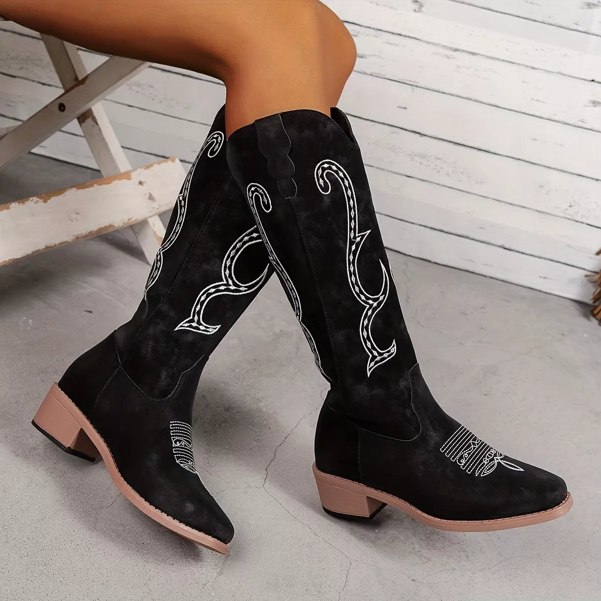 Embroidered round toe block heel boots back heel view