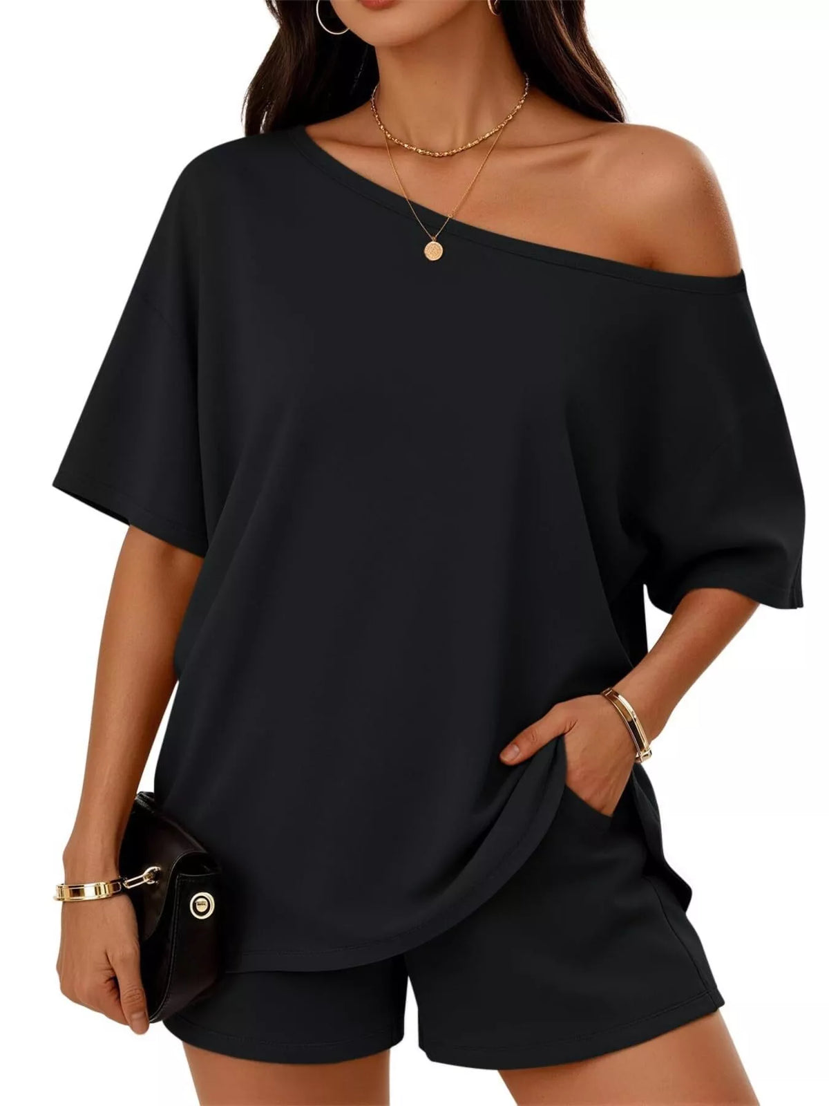 Boat neck tee and shorts plus size set styled outfit