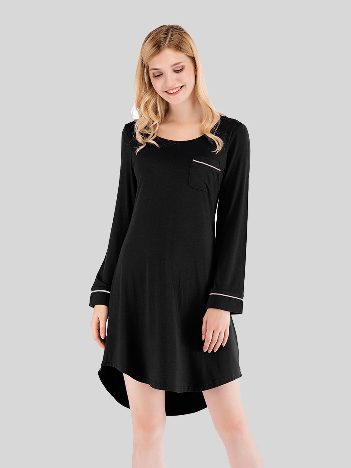 Round Neck Night Dress with Pocket Black - Fashorio
