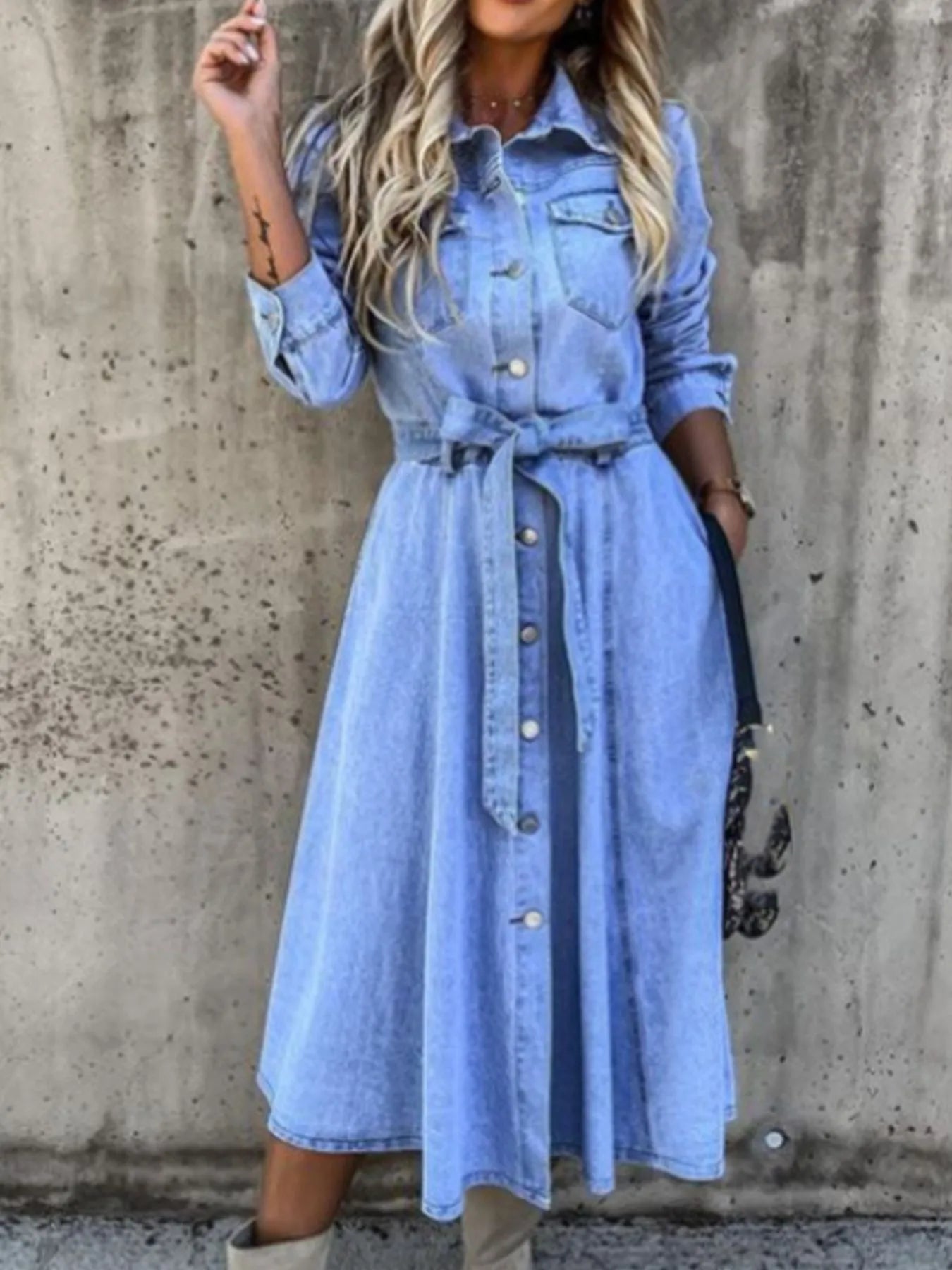 Full Size Tie Waist Button Front Denim Shirt Dress Plus Size - Fashorio