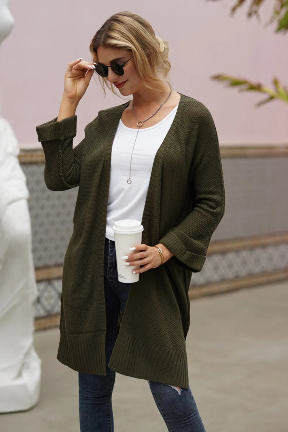 Open Front Long Sleeve Cardigan Army Green - Fashorio