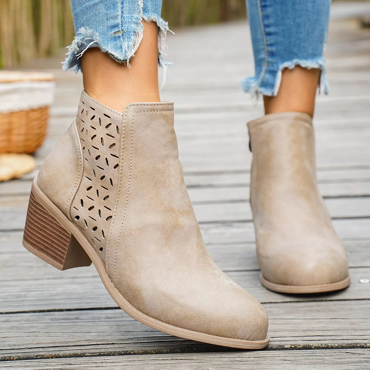 Round toe block heel boots in Blue, back view