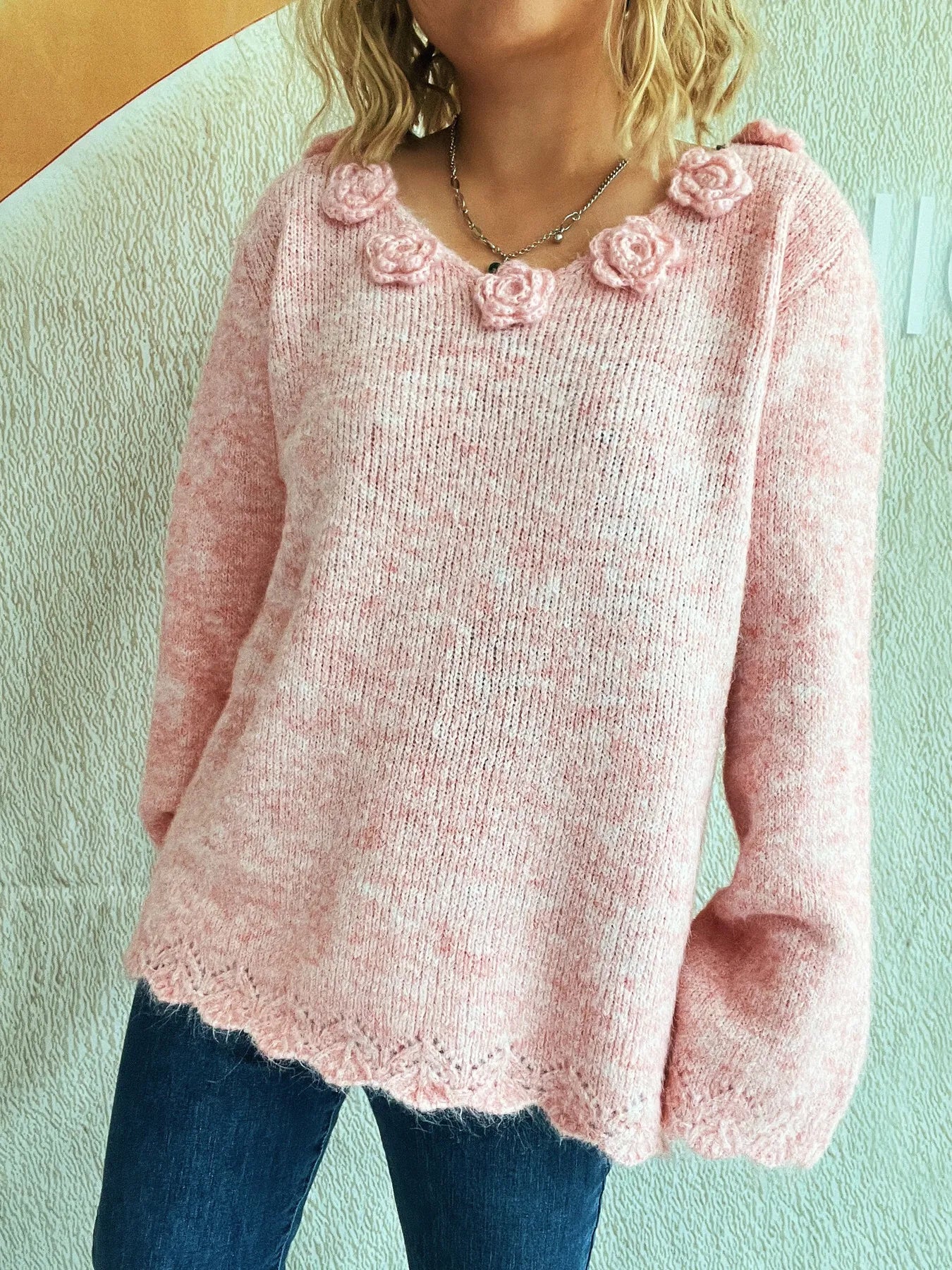 Flower V-Neck Long Sleeve Sweater - Fashorio