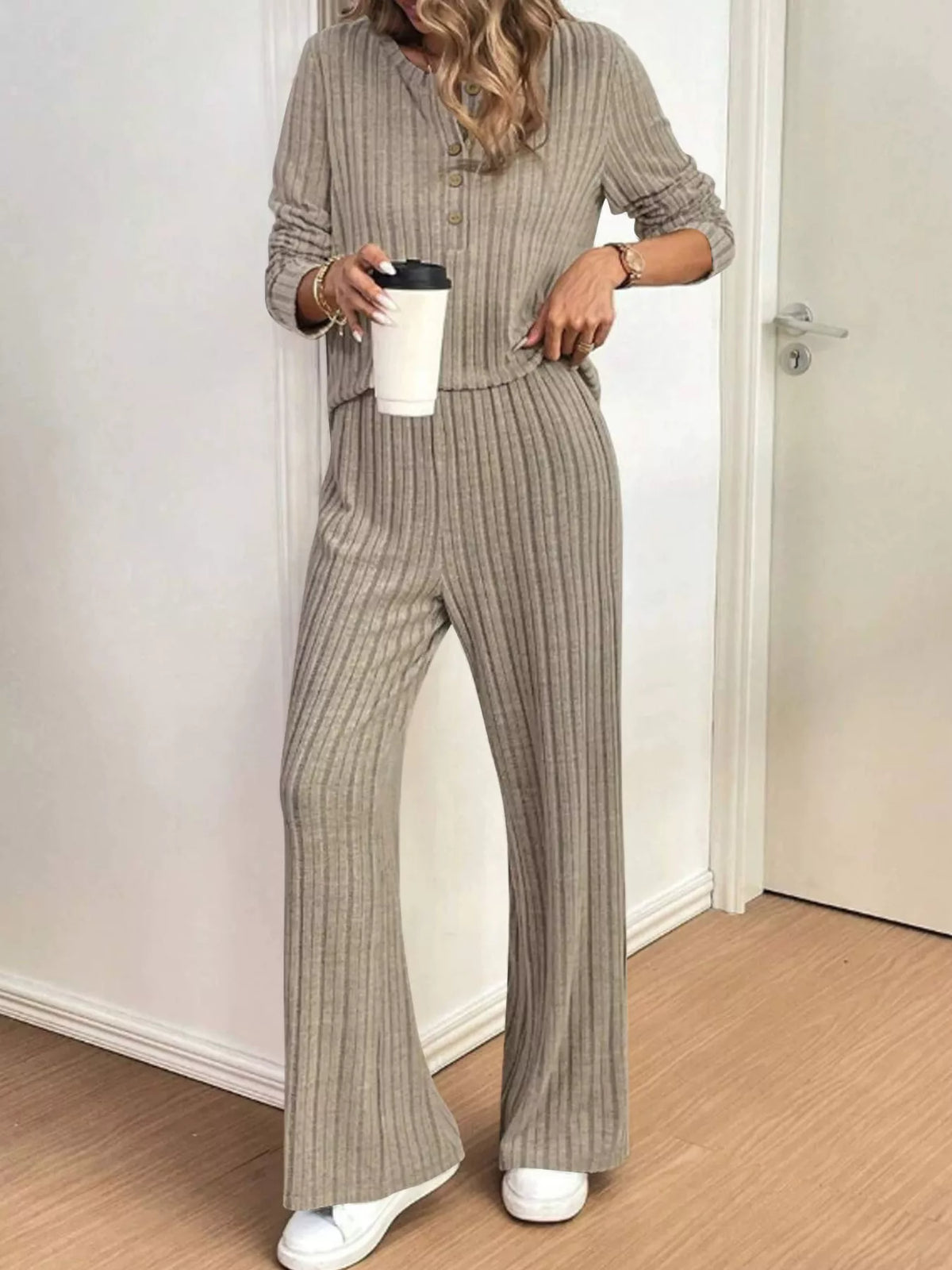 Ribbed Knit Button Front Top and Pants Set Plus Size, view 8