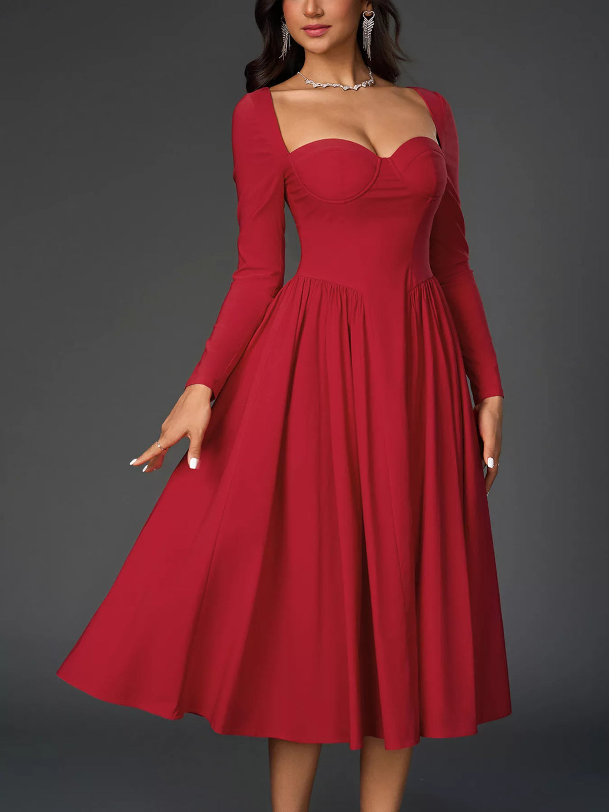 A line midi dress showing sweetheart neckline