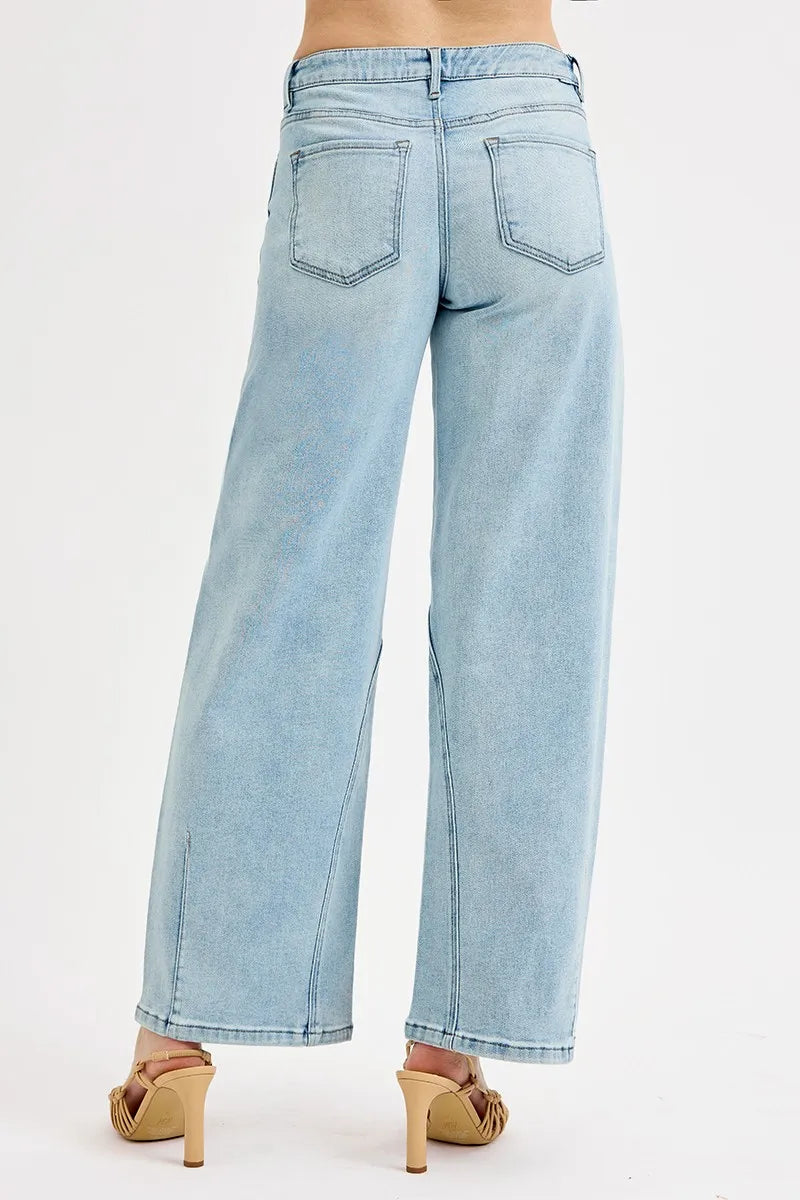 Mid rise waist detail on barrel jeans