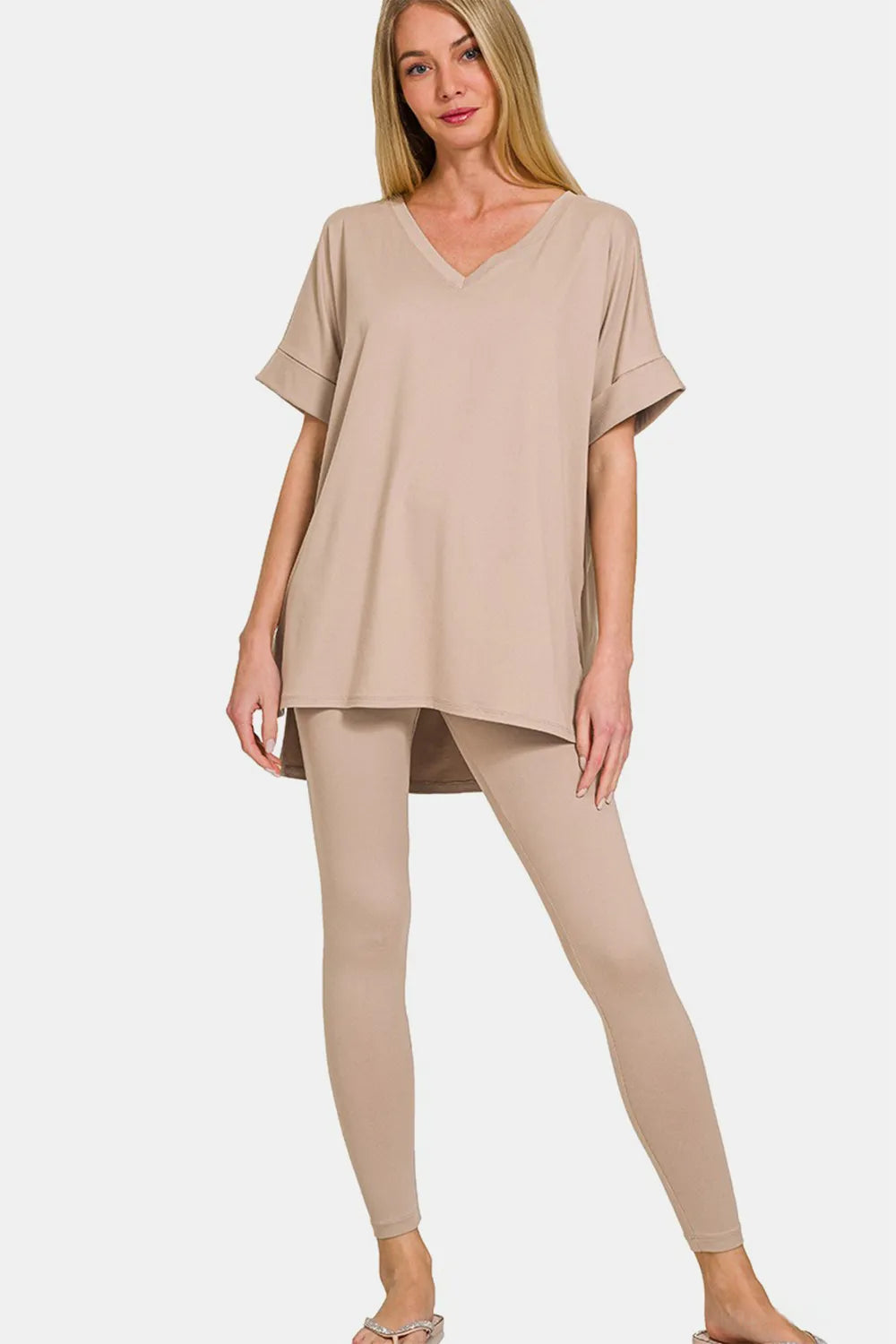 Zenana Full Size V-Neck Rolled Short Sleeve T-Shirt and Leggings Lounge Set Lt Mocha - Fashorio