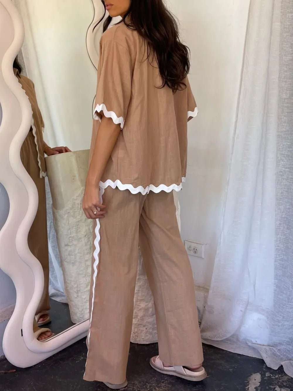 Camel matching top and pants set side view