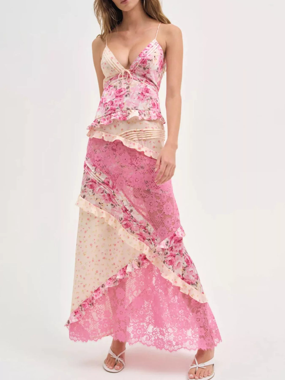 Floral maxi dress lace and ruffle detail