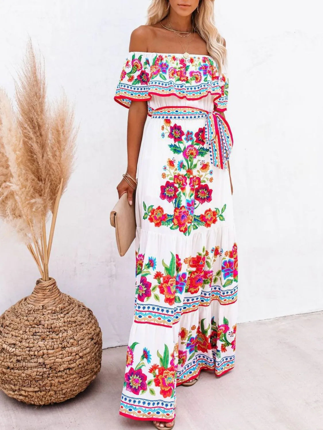 Floral off shoulder ruffle maxi dress full length view