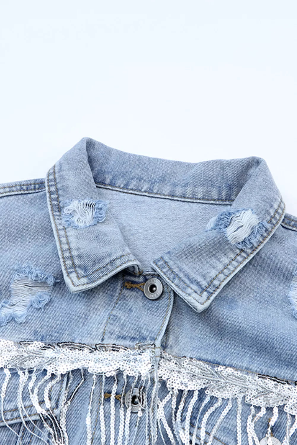 Fringed Sequin Denim Jacket in Light Blue view 7