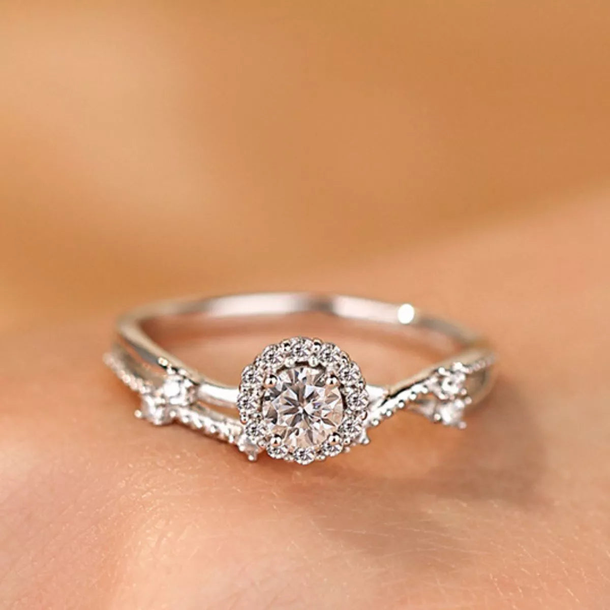 Sterling silver moissanite layered ring detail view