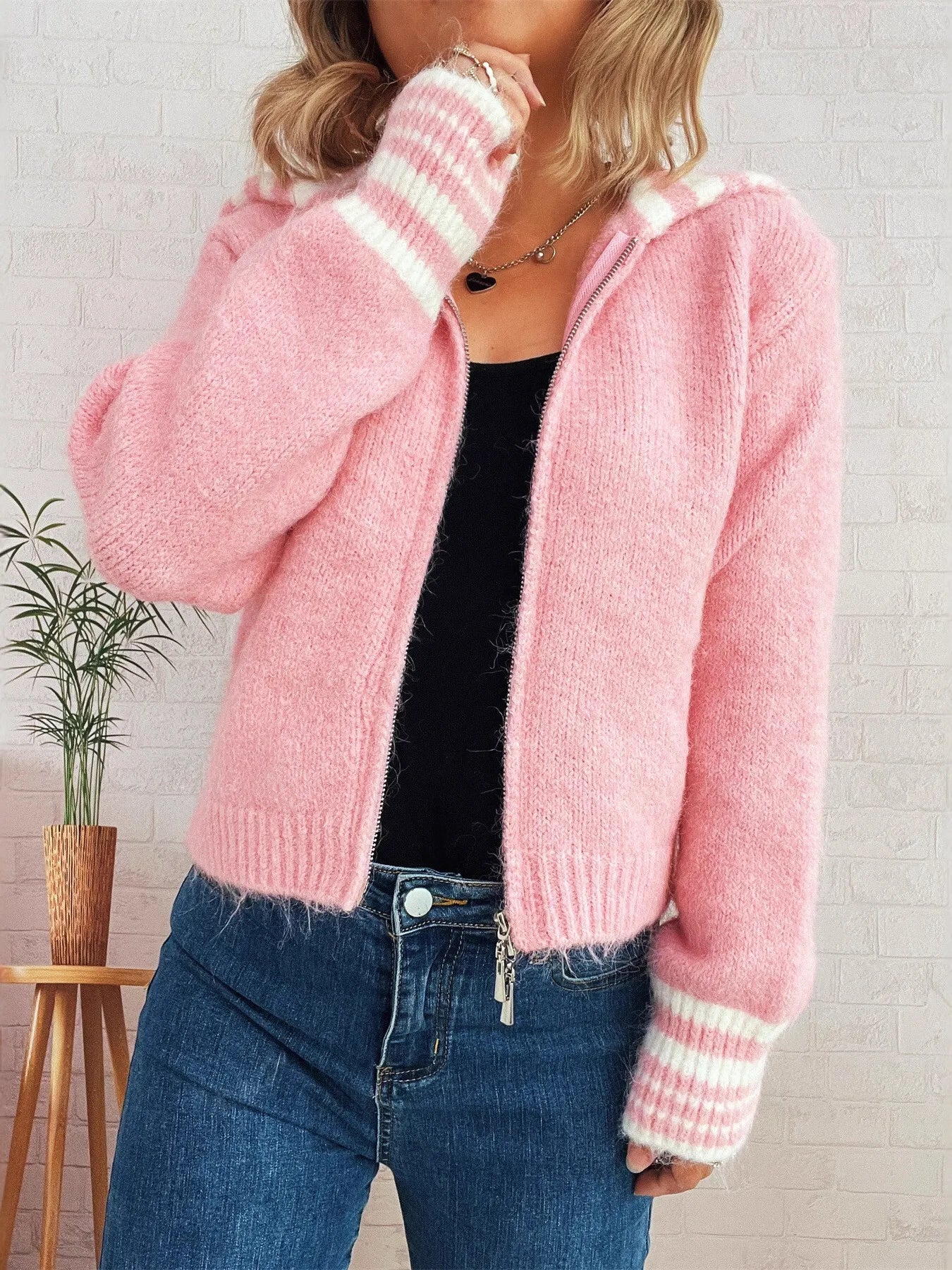 Striped Zip-Up Cardigan Pink One Size - Fashorio
