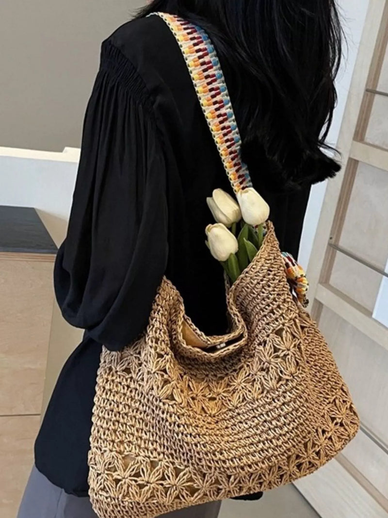 Large khaki woven straw shoulder bag front view