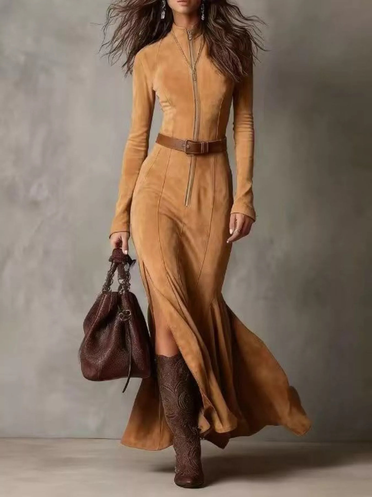 Zip front slit long sleeve maxi dress detail of the hem